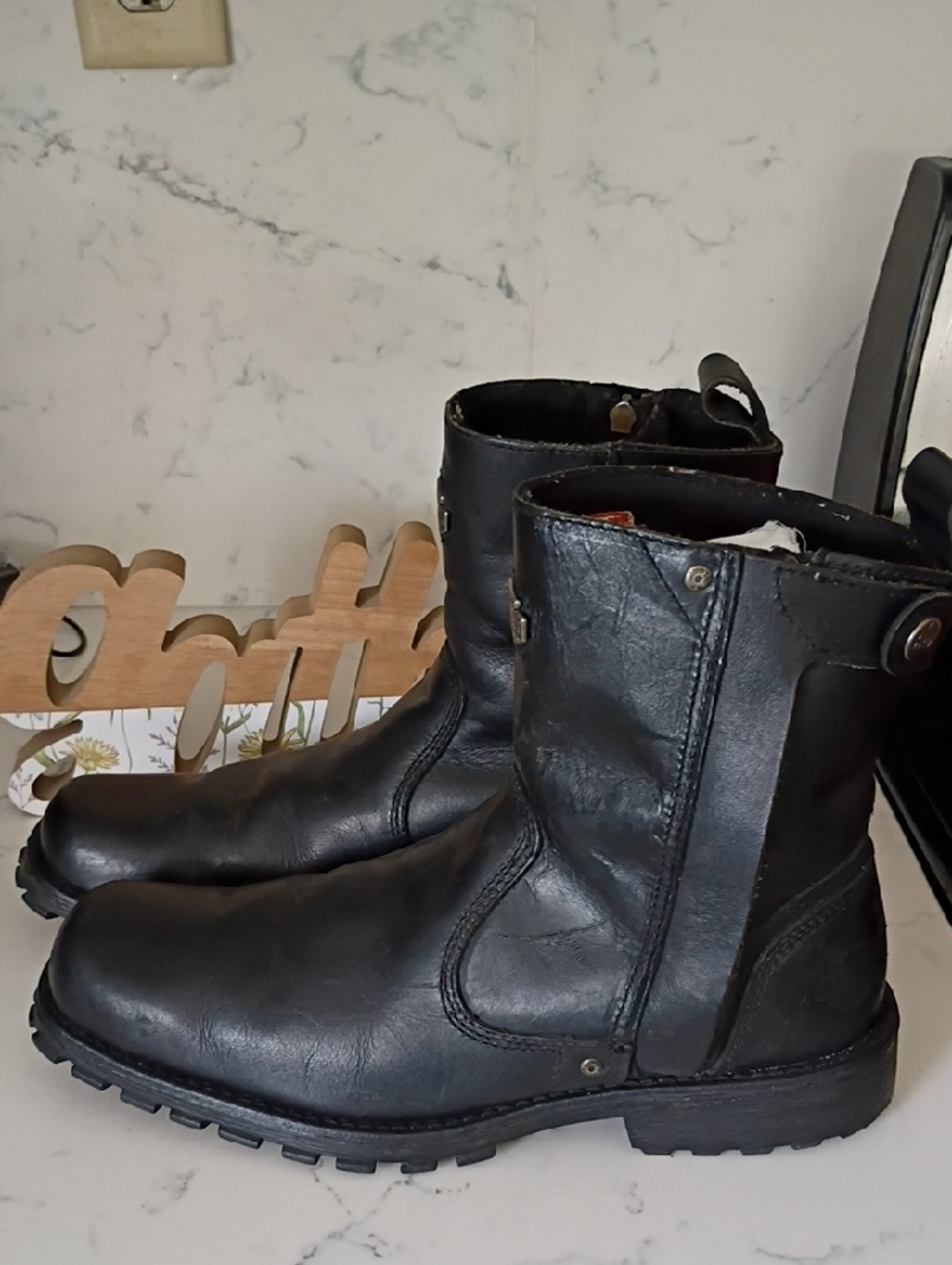 Harley‑Davidson Black Leather Ankle Work Boots with Pull Tabs
